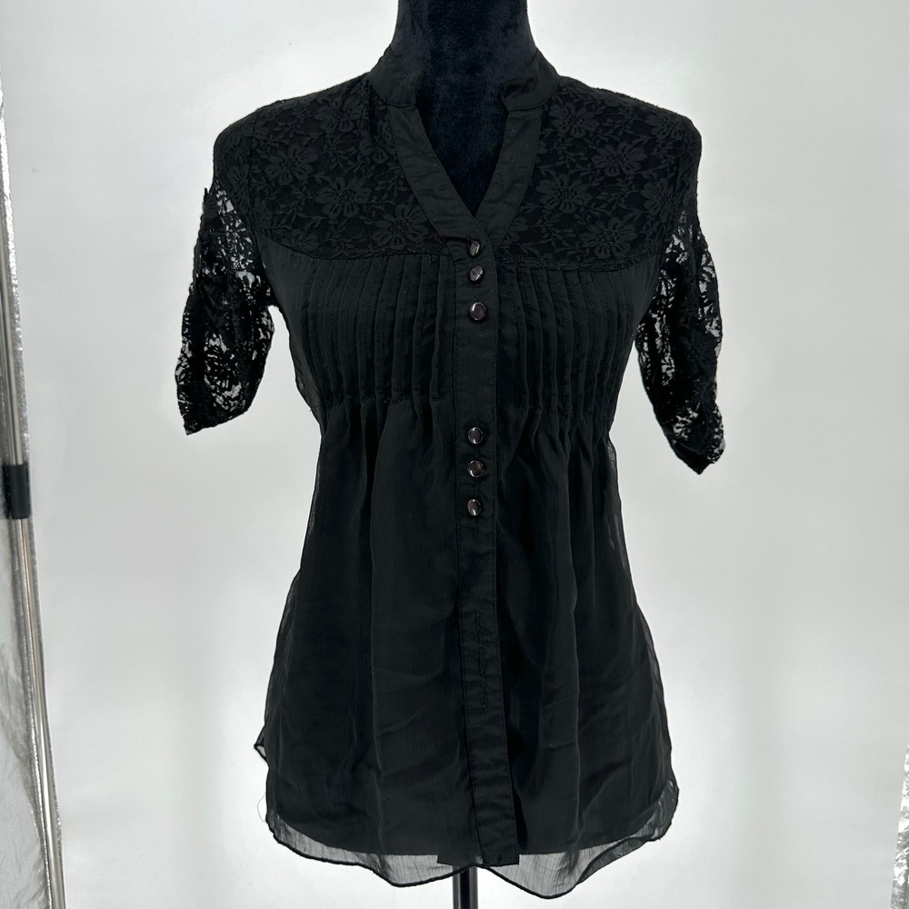 Y2K Toska‎ Black Lace See Through Button Up Blouse Top Whimsygoth Emo Women's XS